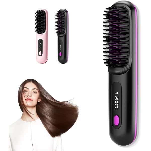 Numoya Portable Straightener Brush - Gobrush Pro, Go Brush Pro Numoya Straightener Rechargeable & Cordless Mini Hair Straightener Comb,Portable Straightening Brush for Travel (Black)