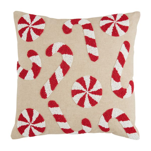 Mud Pie Candy Cane Beaded Pillow, 18" x 18", TAN