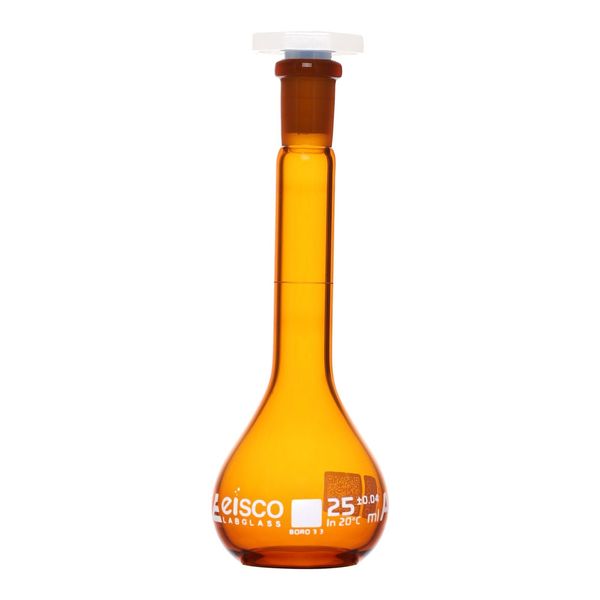 Eisco Amber Volumetric Flask, 25mL - Class A - Borosilicate Glass, Polyethylene Stopper, 10/19 Socket - QR Code Marking for Calibration Certificate