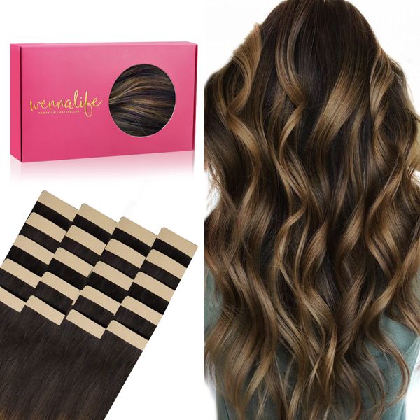 WENNALIFE Tape Extensions Echthaar, 20pcs 50g 50cm 20 Zoll Balayage Dunkel Braun to Chestnut Braun Remy Invisible Tape Extensions Seidig Gerade Echthaar Extensions Skin Weft Tape Ins