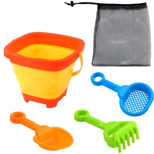 LUTER Foldable Beach Toys Set, Collapsible Beach Bucket Bulk with 3 Beach Sand Toys and Storage Mesh Bag Beach Sand Toys Set Beach Accessories for Children Boys and Girls Summer Beach Party