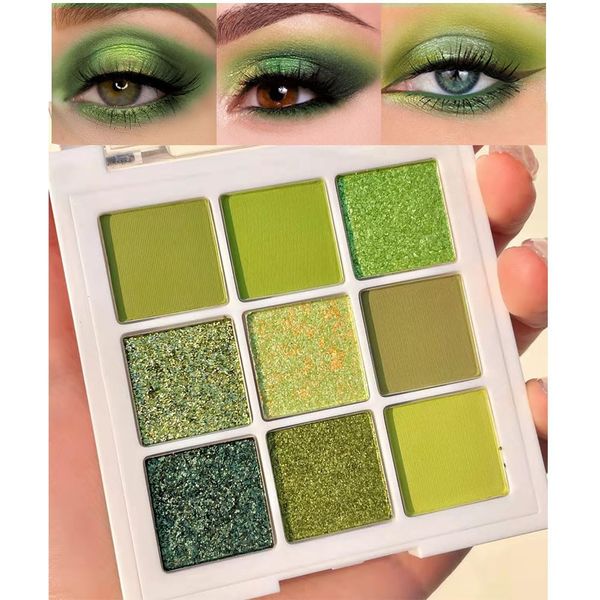 Green Glitter Shimmer Eye Shadow Makeup Palette 9 Colors,Light Bright Emerald Dark Avocado Neon Green Highly Pigmented Matte Glitter Shimmer Pearl Waterproof Party Sparkling Eyeshadow Palette