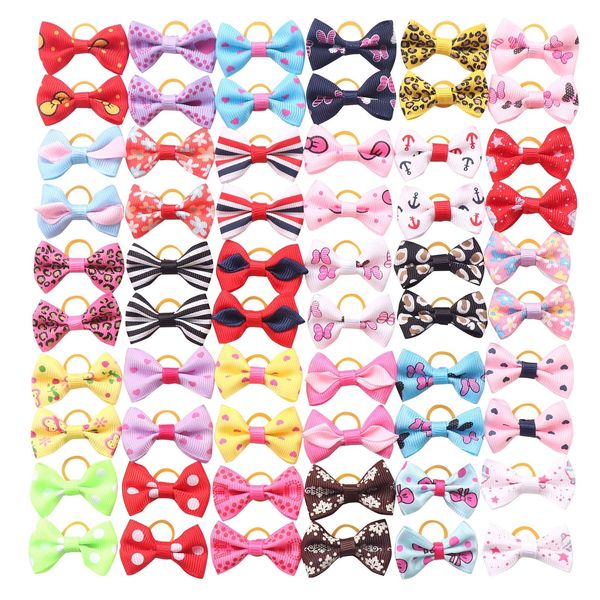 60 Pcs/30 Pairs Puppy Dog Hair Bow Ribbon with Rubber Band Pet Hair Bows