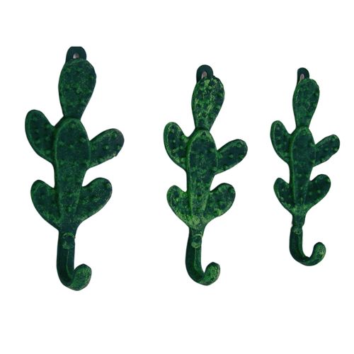 Wowser Green Cactus Cast Iron Wall Hooks, Southwestern Themed Wall Décor, Set of 3, 6.5 Inches