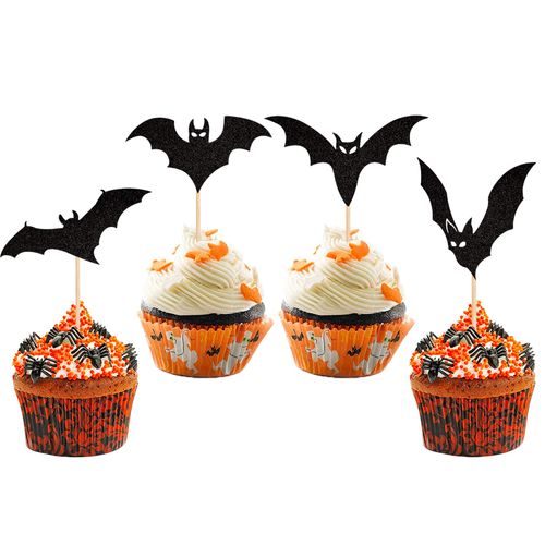 Pack of 24 Halloween Cupcake Toppers Bat Cupcake Picks Bat Muffin Decoration for Happy Halloween Theme Baby Shower Birthday Party Cake Decorations Supplies Black