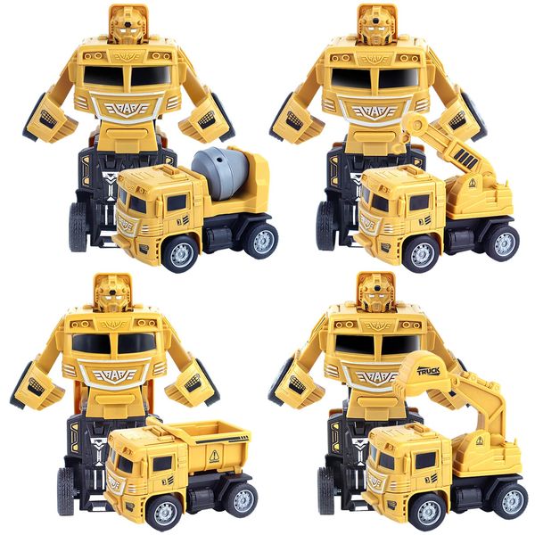 CORPER TOYS 4-Pack Construction Truck Toys Set with Dump Truck Digger Excavator Cement Mixer Truck Friction Powered Car Robot Transform Construction Vehicle for Kids Gift Set