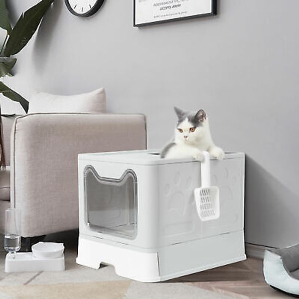 Cat Litter Box Pet Toilet Tray With Scoop Enclosed Drawer Skylight Door Smelless