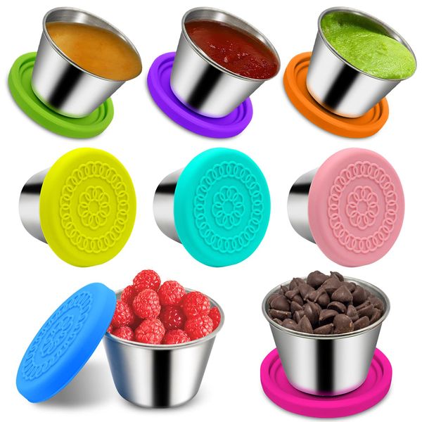 Salatdressing Behälter, 8x70ml Kleine Edelstahl Gewürzbehälter Saucenbehälter mit Silikondeckel, Wiederverwendbar Auslaufsicher Mini Dip Sauce Becher zum Mitnehmen, Snack Box Lebensmittelbehälter Set