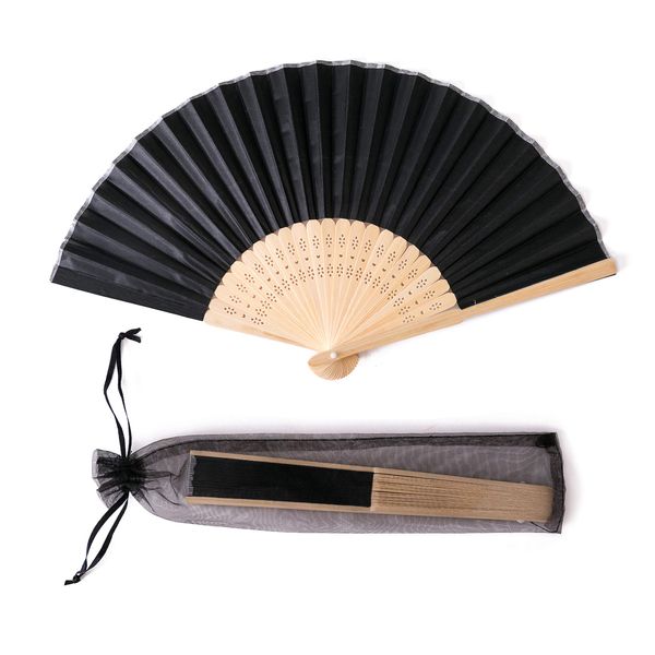 Sepwedd 50pcs Black Imitated Silk Fabric Bamboo Folded Hand Fan Bridal Dancing Props Church Wedding Party Favors with Organza Bags