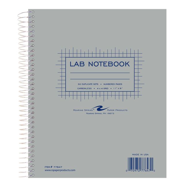 ROARING SPRING Science Lab Notebook, 4x4 Graph Ruled, 50 Numbered Carbonless Sets, 11" x 9", White/Blue Paper, Proudly Made in USA, Hard Board Cover