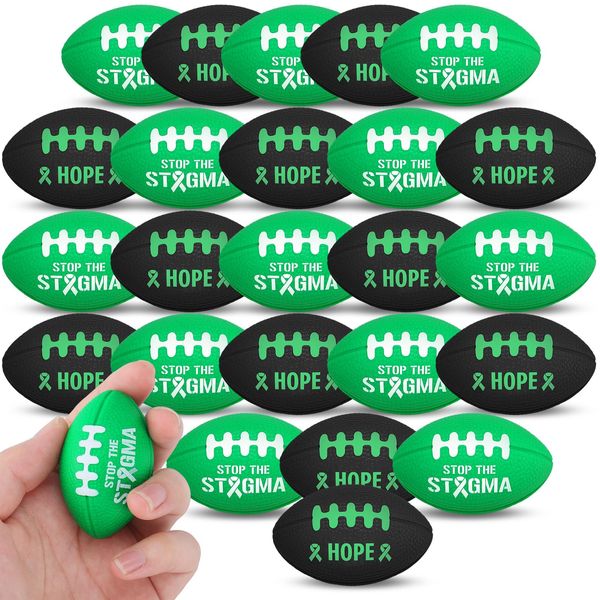 Simgoing 24 Pcs Mental Health Awareness Football Stress Balls Mini Foam Sports Ball Green Ribbon Football Toy Mental Health Gifts for Women Men Sports Birthday Party