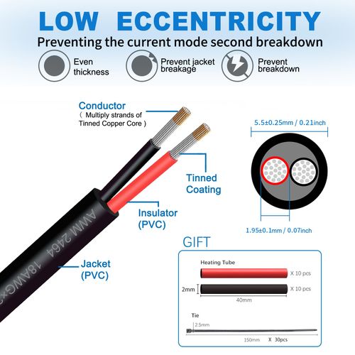 18 Gauge 2 Conductor Electrical Wire 50feet 18/2 Extension Cable UL2464 DC5V/12V/24V/300V 18AWG Stranded Pure Copper Low Voltage Wire for Automotive Lamps Strip Waterproof Outdoor Landscape Wire