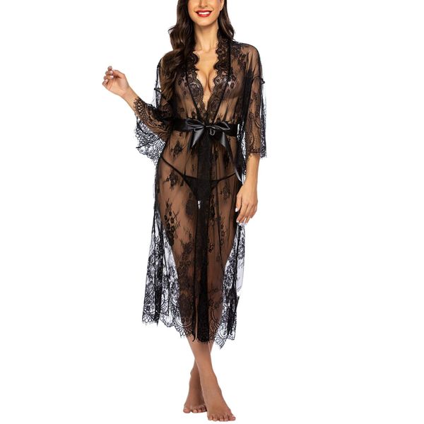 Avidlove Lingerie for Women Long Lace Kimono Robe Eyelash Babydoll with Satin Belt