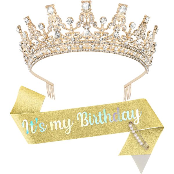 BAHABY Birthday Crown It's My Birthday Sash & Rhinestone Tiara Set Birthday Sash and Crown Princess Birthday Sash and Tiara for Women Birthday Decorations (Gold)