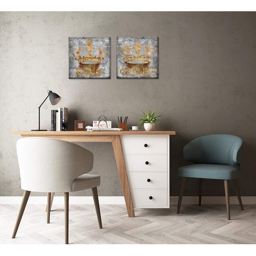 Zlove King and Queen Wall Art Retro Crown Wall Decor - Grey and Gold Artwork for Bedroom Home Office, 12"x12", 2Pcs