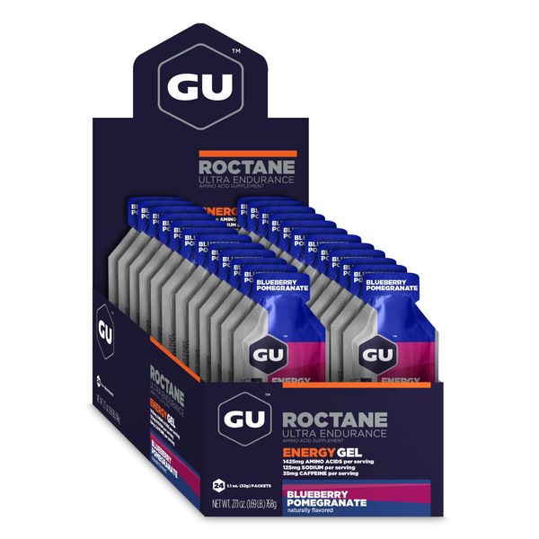 GU Energy Roctane Ultra Endurance Energy Gel, Vegan, Gluten-Free, Kosher, and Dairy-Free On-The-Go Sports Nutrition for Running, Biking, Hiking or Skiing, Blueberry Pomegranate, 24-Count