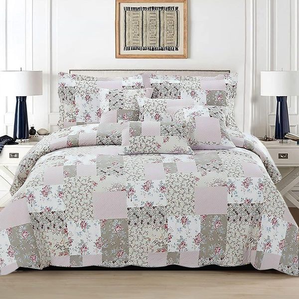 3 PCS Patchwork Bedspread Quilted Bed Throw Single Double King Size Bedding Set (Zurich, Double Bedspread Set)