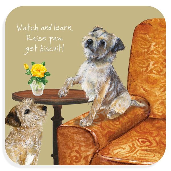Raise Paw Border Terriers Coaster, 10.5 x 10.5 cm, Cork Backing, Lacquered Surface