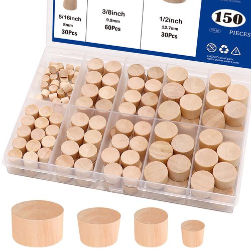 Tnisesm 150 Pieces 4 Sizes Wood Plugs Wooden Hole Plugs Button Plugs Hardwood Hole Plugs 3/16 Inch, 5/16 Inch, 3/8 Inch, 1/2 Inch for Holes in Locking Hole Tube Furniture
