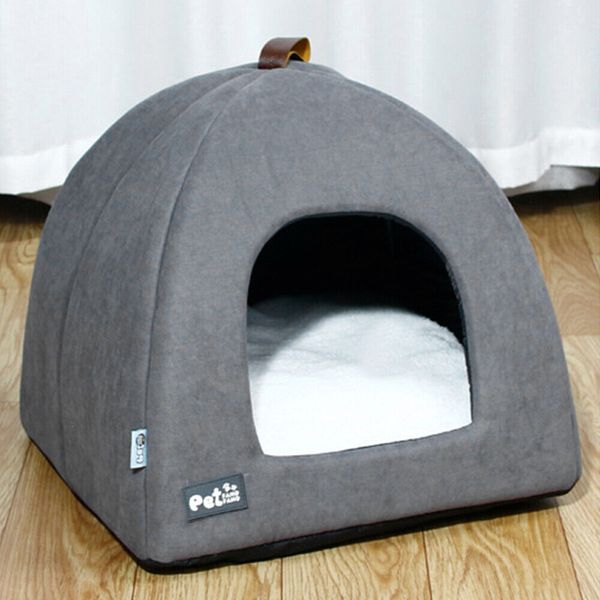 Foldable Cat Bed Cat House Indoor Dog Pet Tent Bed with Mat Size L Grey L7I9