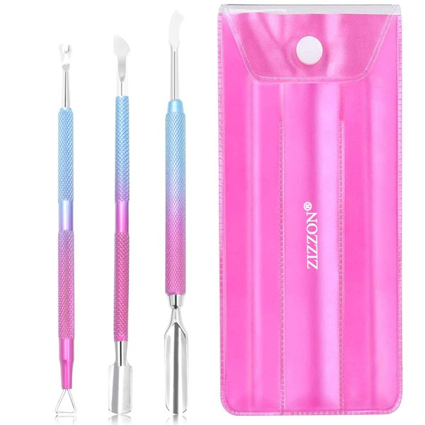 ZIZZON Cuticle Pusher Stainless Steel Cuticle Peeler Scraper Gel Nail Polish Remover Tool 3 Pack (Blue-purple)