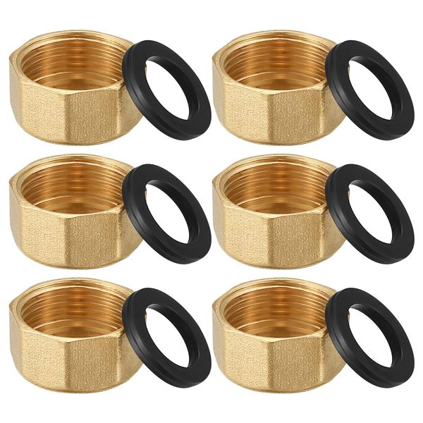 Pack of 6 Brass Caps, Hose Caps, Hexagonal 3/4 Inch, Drain Preventer Blanking Plugs, Female Thread End Cap, Sealing Caps, Pipe Cap, Brass Fitting with Hose Washers (3/4")