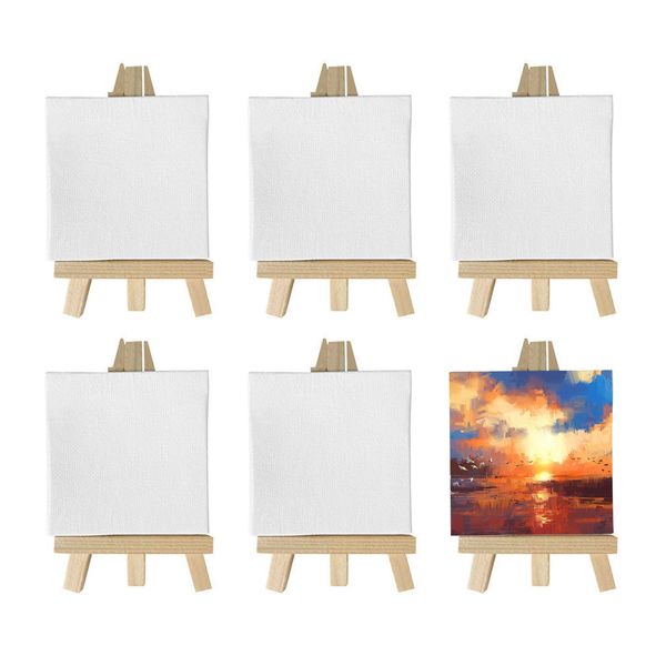 XGzhsa Mini Canvas Easel Set, Wooden Easel, 6 Pieces Small Display Tripod Easels with Blank Canvas for Drawing, Oil Water Painting, Table Top Arts and Crafts (Canvas 10 x 10 cm | Easel 9 x 16 cm)