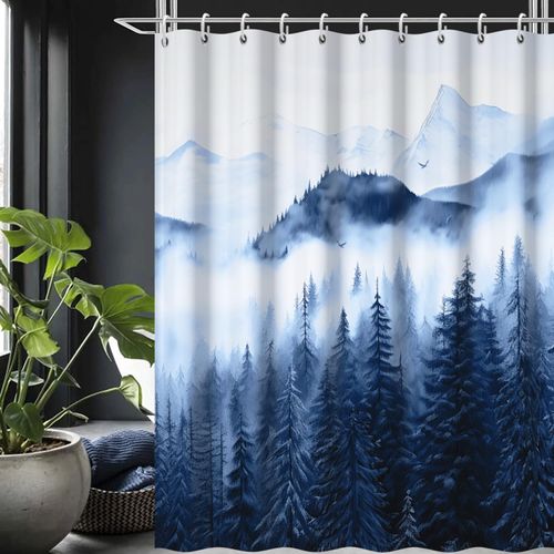 Ruelvth Navy Blue Shower Curtain, Abstract Misty Forest Shower Curtain Set for Mens Bathroom Waterproof Mountain Bathroom Decor with Hooks, 72x72 Inch