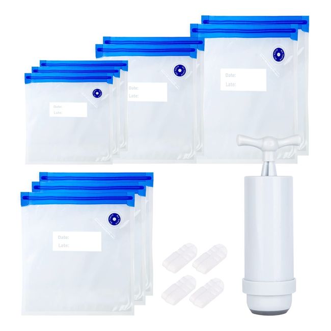 Vacuum Package, 10 Bags, Manual Pump Included, 4 Sealing Sliders, PA & PE Material, Double Chuck, Long Freshness, Antibacterial Bags, Compression Bags