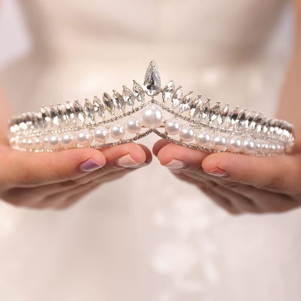 JWICOS Pearl Crystal Girl Tiara Crown Wedding Supplies for Brides and Bridesmaid Rhinestone Bridal Headband Pageant Prom Wedding Hair Accessories for Women and Girls