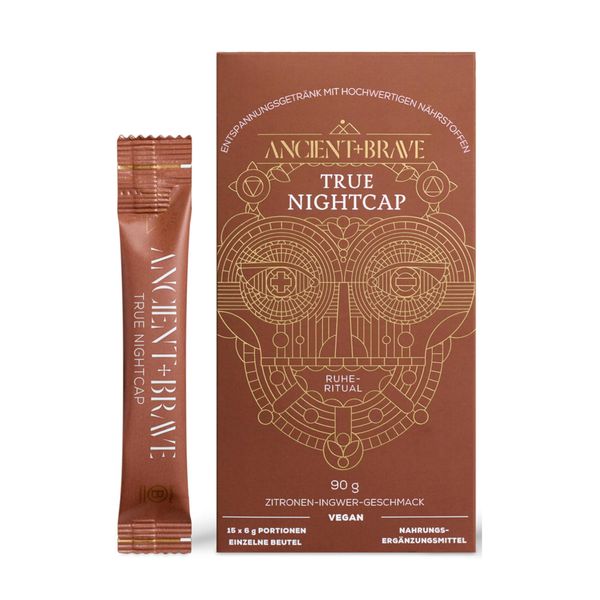Ancient + Brave True Nightcap 15 x 6g Sachets - Sleep Supplement for Adults with Magnesium, Zinc, Vitamin C, Amino Acids - Natural Sleep Aid Powder - Recover Sleep, Lemon Ginger Flavor, Vegan