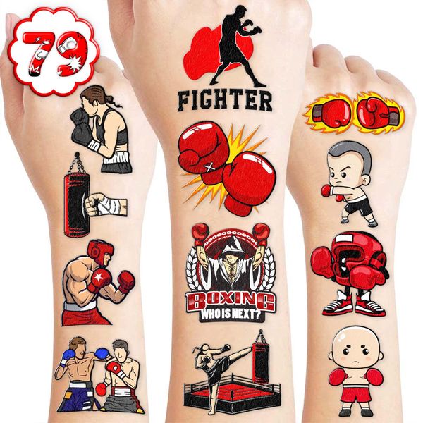 8 Sheets (79PCS) Boxing Gloves Temporary Tattoo Theme Birthday Party Decorations Favors Supplies Decor Stickers For Boys Girls Kids Gifts Classroom School Prizes Rewards