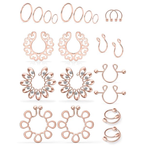 SCERRING Fake Nipple Ring Stainless Steel Non-Piercing Nipple Rings Clip On Nipplerings Faux Body Piercing Jewelry for Women Men 11 Pairs Rose Gold