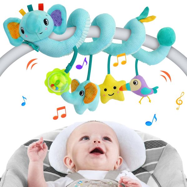 Spiral Car Seat Activity Toy, Stroller Arch Toy, Baby Crib Toys Hanging for Infant Boy Girl Ages 0-12 Months, Newborn Sensory Toy with Rattle, Squeaky, Ringing Bell for Bassinet, Stroller, Crib