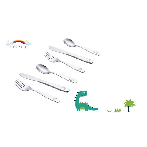 Exzact Children's Cutlery Stainless Steel 6pcs Set/Kids Cutlery/Toddler - Dishwasher Safe - 2 x Forks, 2 x Safe Dinner Knives, 2 x Table Spoons - Engraved Design - Dinosaurs