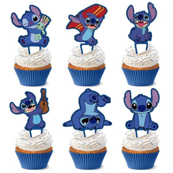 24 Pcs Blue Cupcake Toppers- Blue Themed Cake Decorations Cartoon Happy Birthday Cupcake Toppers for Boys Girls Kids Birthday Party Supplies