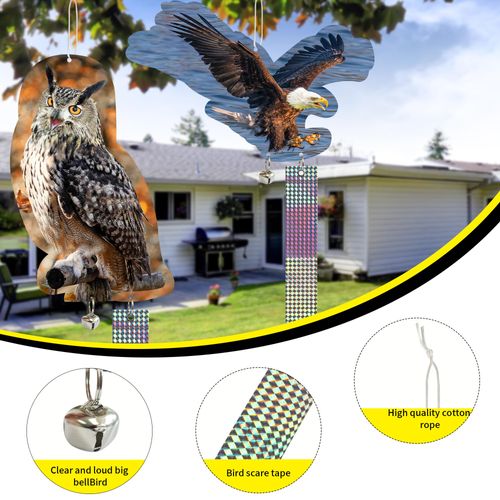 KOKMEYA 2PCS Birds Scare Device, 3D Owls Eagles Reflective Hanging Bird Scare Owl Eagle to Keep Birds Away, Eagle Decoration for Outside, Porch, Patio, Garden, Tree