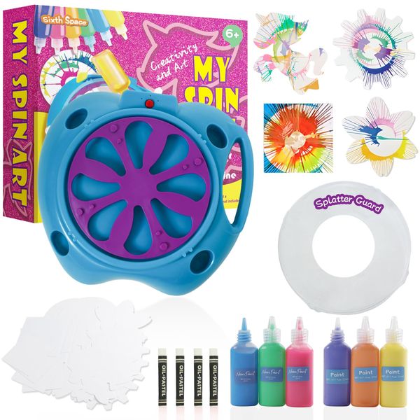 Sixth Space Spin Art Machine for Kids Ages 6-8,Adjustable Speed Arts&Crafts Paint Spinner Toy with Origami Artwork, Thicker Splatter Guard, Battery Operated Kids Crafts Kits, Gift Boys Girls