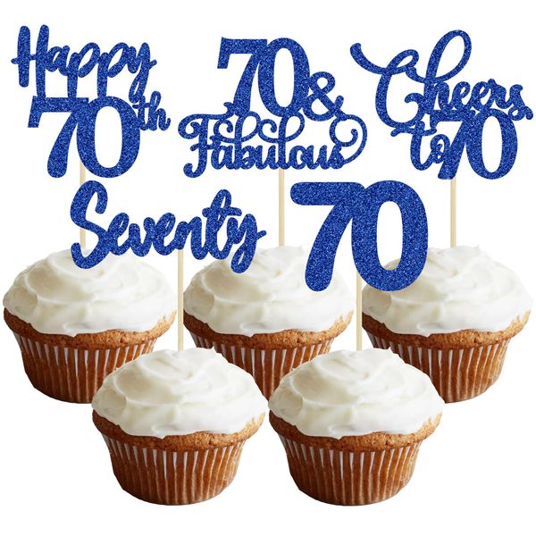 30 Pack Happy 70th Birthday Cupcake Toppers Dark Blue Glitter Seventy Cheers to 70 Years Old Birthday Cupcake Picks for 70th Birthday Anniversary Party Cake Decorations Supplies