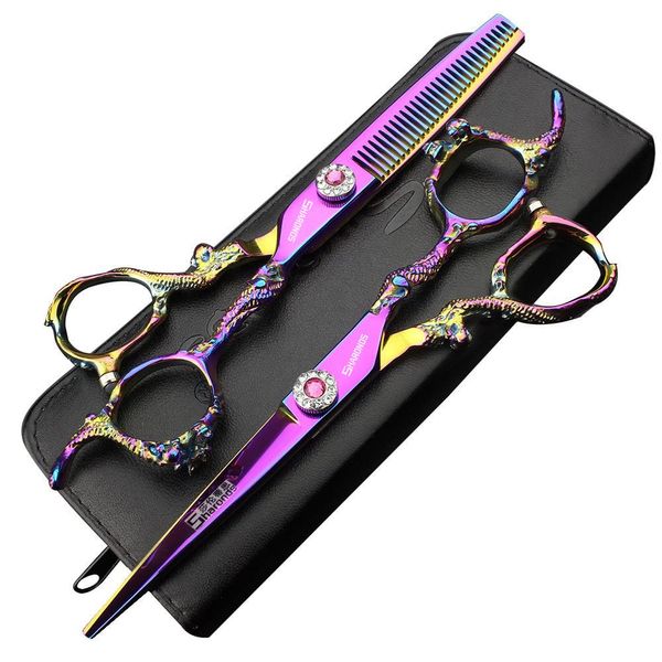 6 inch 440c purple professional hairdressing scissors barber shop hairdresser hair cutting and thinning tool (Full set) (6 inch 2PC-A)