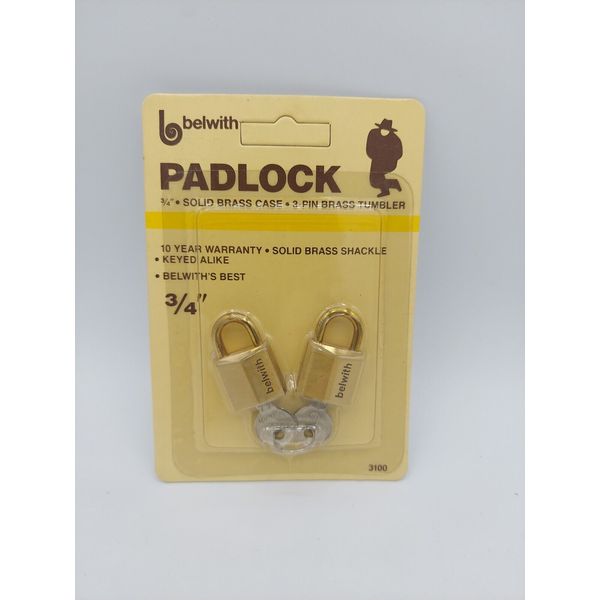 Belwith 3/4" Keyed Alike Solid Brass Padlocks 2 Pk, #3100, NOS, NEW & SEALED