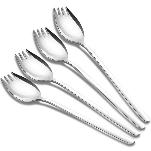 tiokin Sporks,4-Pack Salad Forks 18/10 Stainless Steel Dessert Forks 7.4 Inches Long Handle Ice Cream Spoons Flatware Set Reusable Fruit Appetizer Dessert Forks for Household Use or Camping