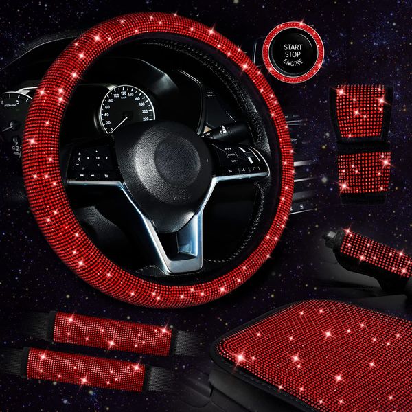 Bling Car Accessories for Women, Bling Steering Wheel Cover Set Seat Belt Shoulder Pads Crystal Ring Emblem Sticker Glitter Gear Shift Cover Rhinestone Center Console Cover Shift Cover (Red)