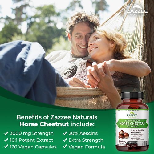 Zazzee Extra Strength Horse Chestnut 10:1 Extract, 3000 mg Strength, 20% Aescins, 4 Month Supply, 120 Vegan Capsules, Concentrated and Standardized 10X Extract, All-Natural, Non-GMO, Made in The USA