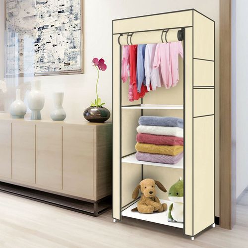Supernic Single Canvas Wardrobe 149 * 70 * 41cm Portable Wardrobe for Bedroom Organiser Cupboard Shelves Clothes Storage Cupboard Hanging Rail Shelves (Cream)