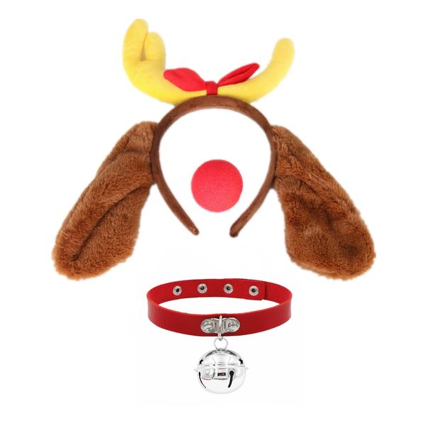 Topcosplay Unisex Deer Antler Headband Christmas Max Dog Ears Headband with Collar Red Nose Set