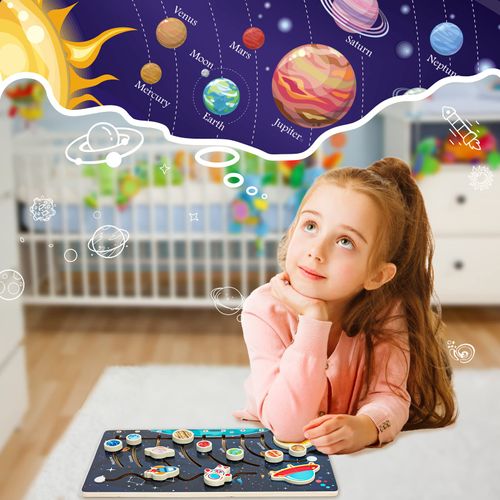 Zeoddler Movable Solar System Puzzle for Kids 3-6, Wooden Space Toys, Planets for Kids Preschool Learning Activities, Gift for Boys, Girls