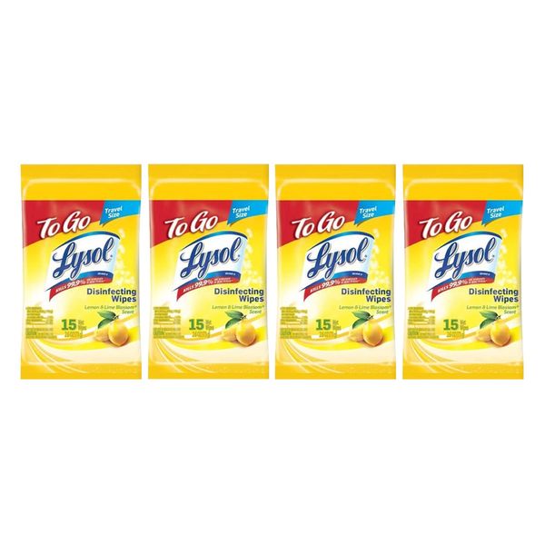 LYSOL Disinfecting Wipes - Lemon & Lime Blossom To-Go Flatpack 15 ct. (Pack of 4)