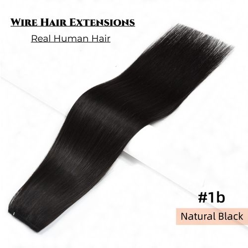 Wire Hair Extensions with Invisible Fish Line Wire Extensions Human Hair Fish Wire Hair Extension Natural Black for Women #1b Fish Wire Human Hair Extensions Fish Wire Hair 80g 14 Inch