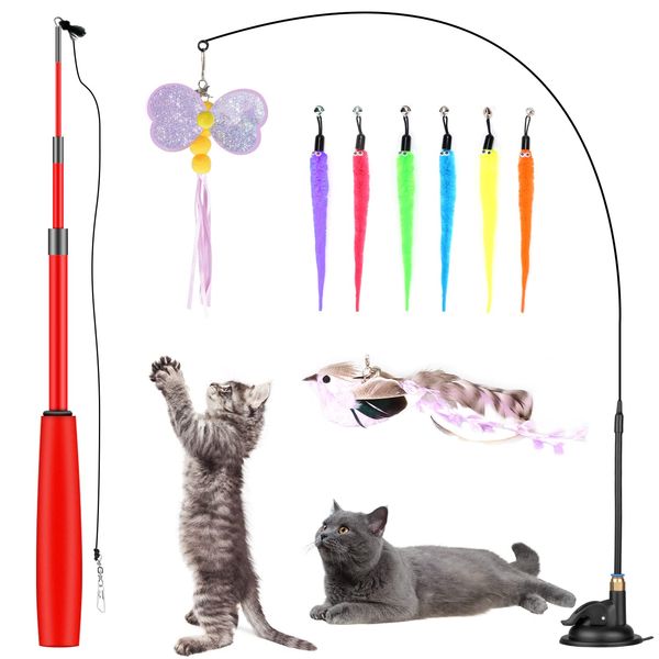 Oziral Cat Toy, Suction Cup Type + Fishing Rod, Cat Toy, Automatic Rotation, Relieves Lack of Exercise, Stress Relief, Birds, Caterpillars, Bees, 8 Replacement Toys, Kittens, Cat Play Supplies, Pet Supplies (Set of 11)